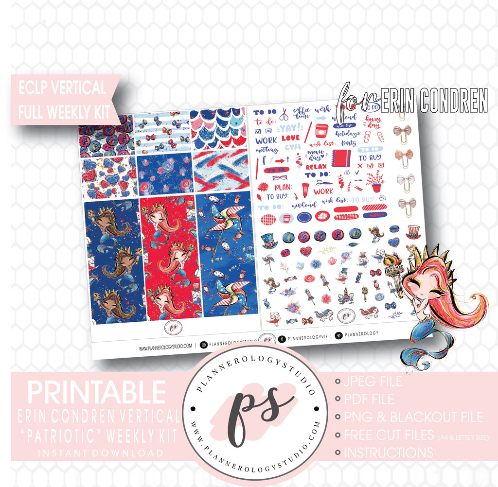 Patriotic (Independence Day) Full Weekly Kit Printable Planner Digital Stickers (for use with Standard Vertical A5 Wide Planners)