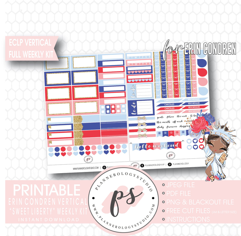 Sweet Liberty (Independence Day) Full Weekly Kit Printable Planner Digital Stickers (for use with Standard Vertical A5 Wide Planners)