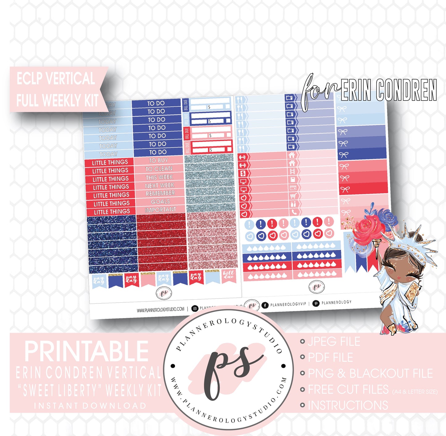 Sweet Liberty (Independence Day) Full Weekly Kit Printable Planner Digital Stickers (for use with Standard Vertical A5 Wide Planners)