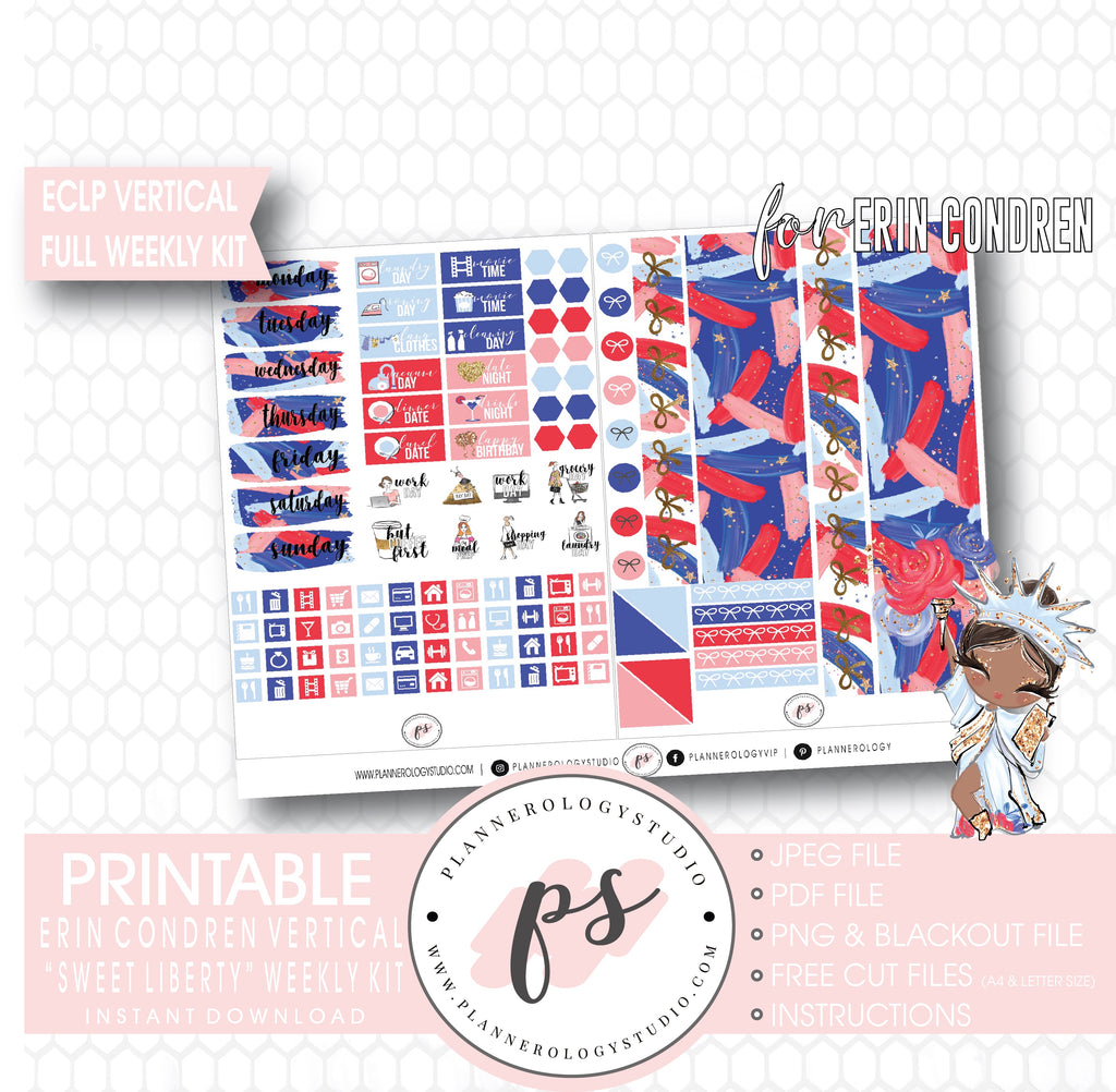 Sweet Liberty (Independence Day) Full Weekly Kit Printable Planner Digital Stickers (for use with Standard Vertical A5 Wide Planners)