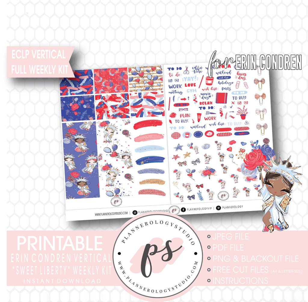 Sweet Liberty (Independence Day) Full Weekly Kit Printable Planner Digital Stickers (for use with Standard Vertical A5 Wide Planners)