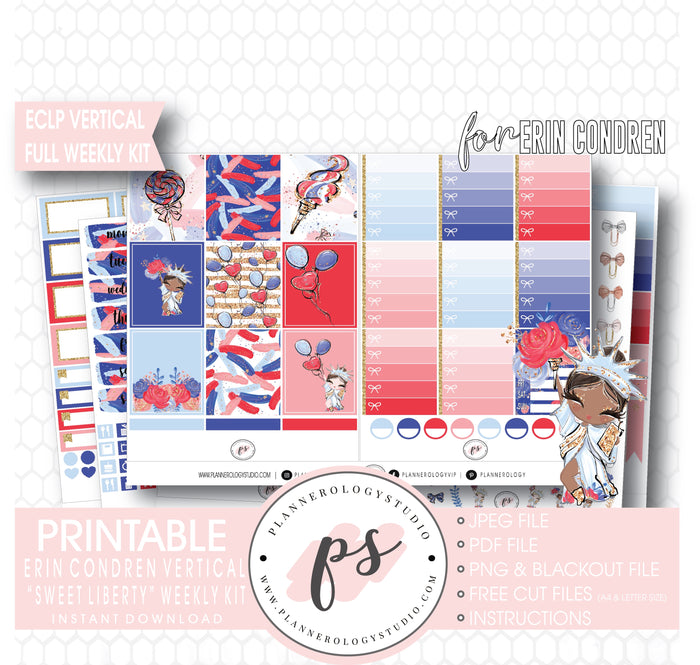 Sweet Liberty (Independence Day) Full Weekly Kit Printable Planner Digital Stickers (for use with Standard Vertical A5 Wide Planners)