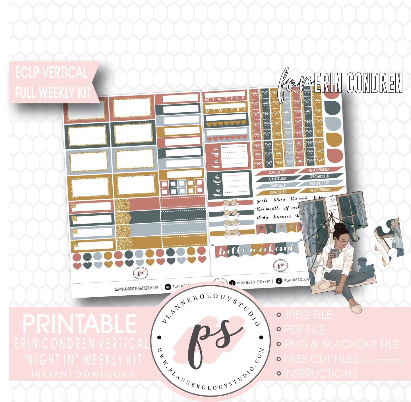 Night In Full Weekly Kit Printable Planner Digital Stickers (for use with Standard Vertical A5 Wide Planners)