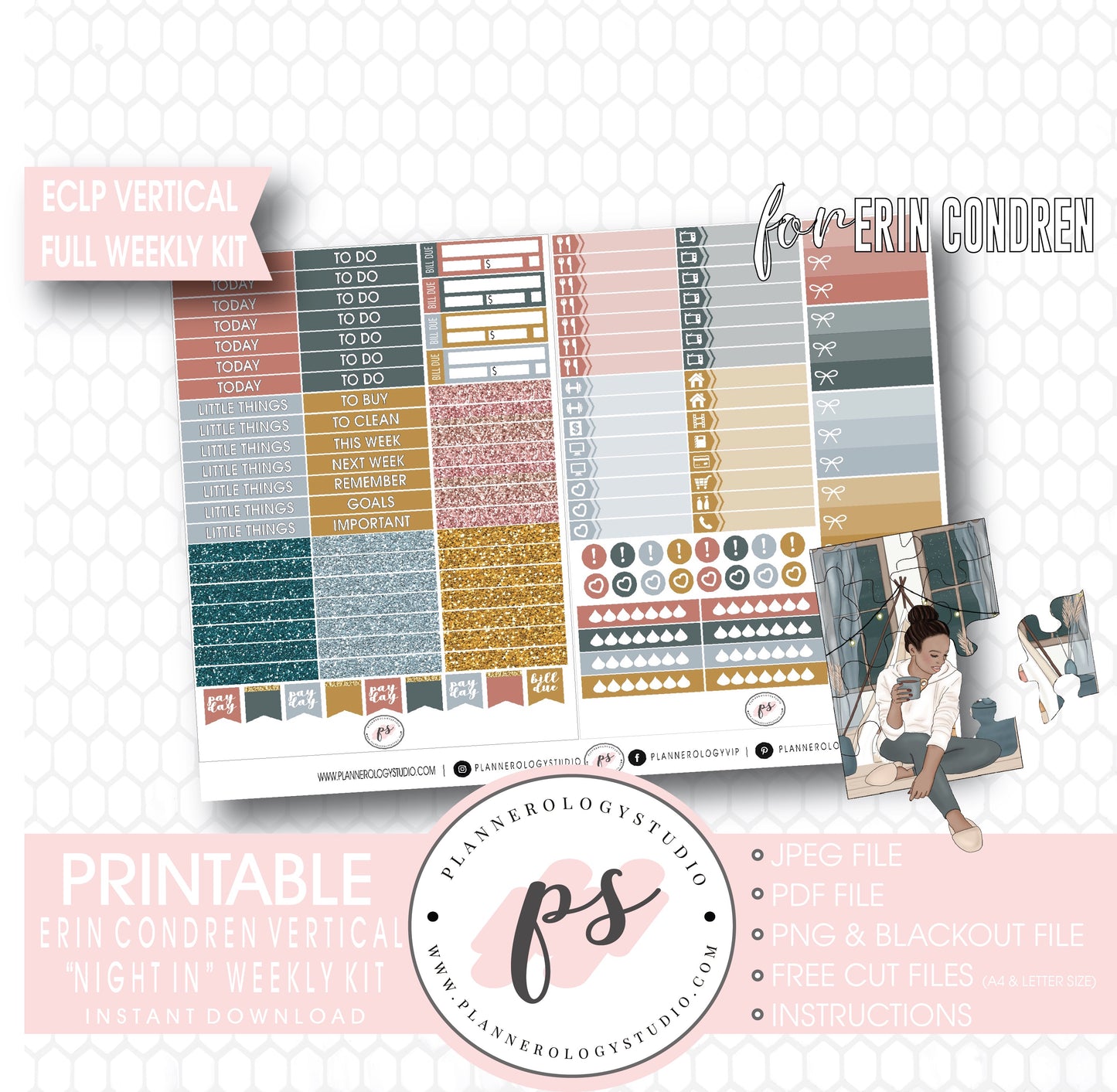 Night In Full Weekly Kit Printable Planner Digital Stickers (for use with Standard Vertical A5 Wide Planners)