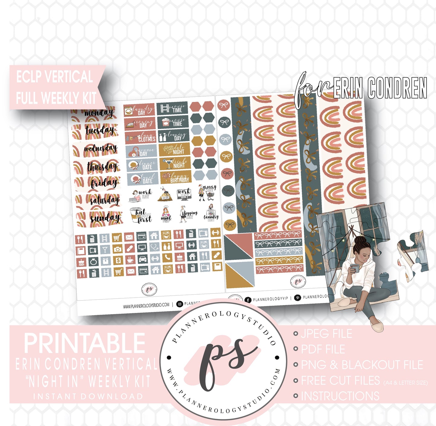 Night In Full Weekly Kit Printable Planner Digital Stickers (for use with Standard Vertical A5 Wide Planners)