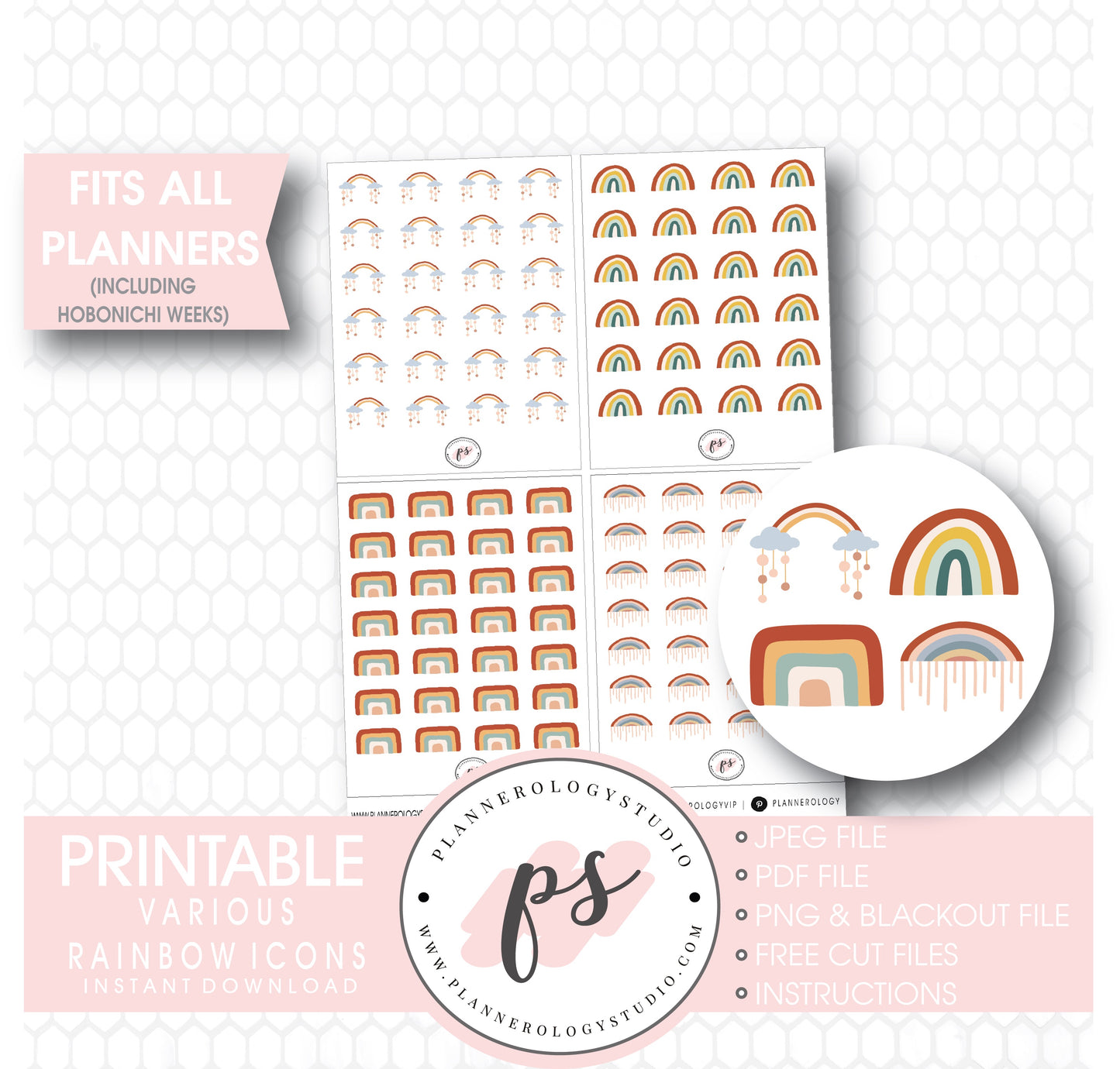 Decorative Scandi Rainbow Doodle Icons Digital Printable Planner Stickers