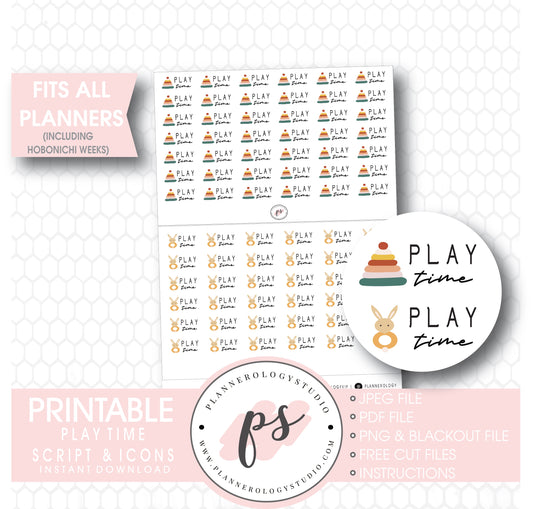 Play Time Bujo Script & Icon Digital Printable Planner Stickers