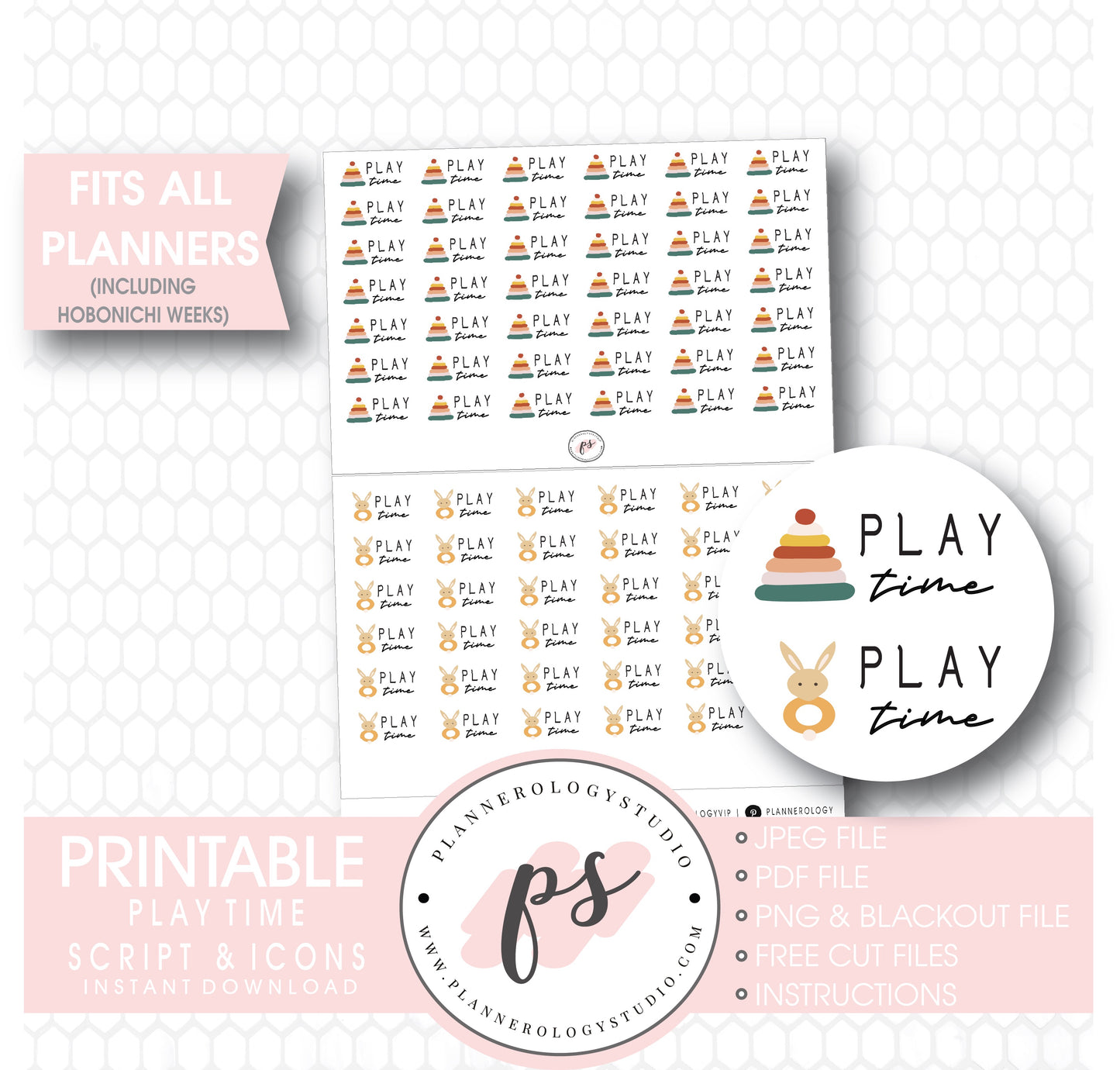 Play Time Bujo Script & Icon Digital Printable Planner Stickers