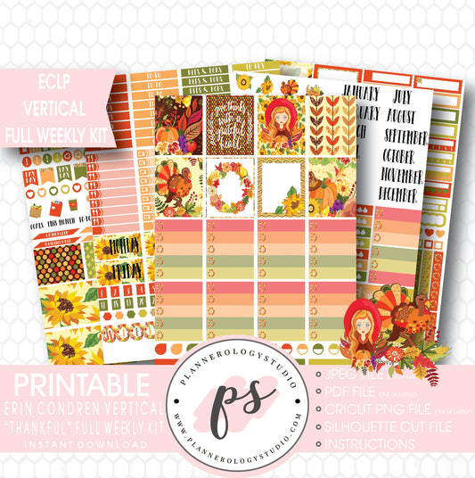 Thankful (Thanksgiving) Full Weekly Kit Printable Planner Stickers (for use with ECLP Vertical) - Plannerologystudio