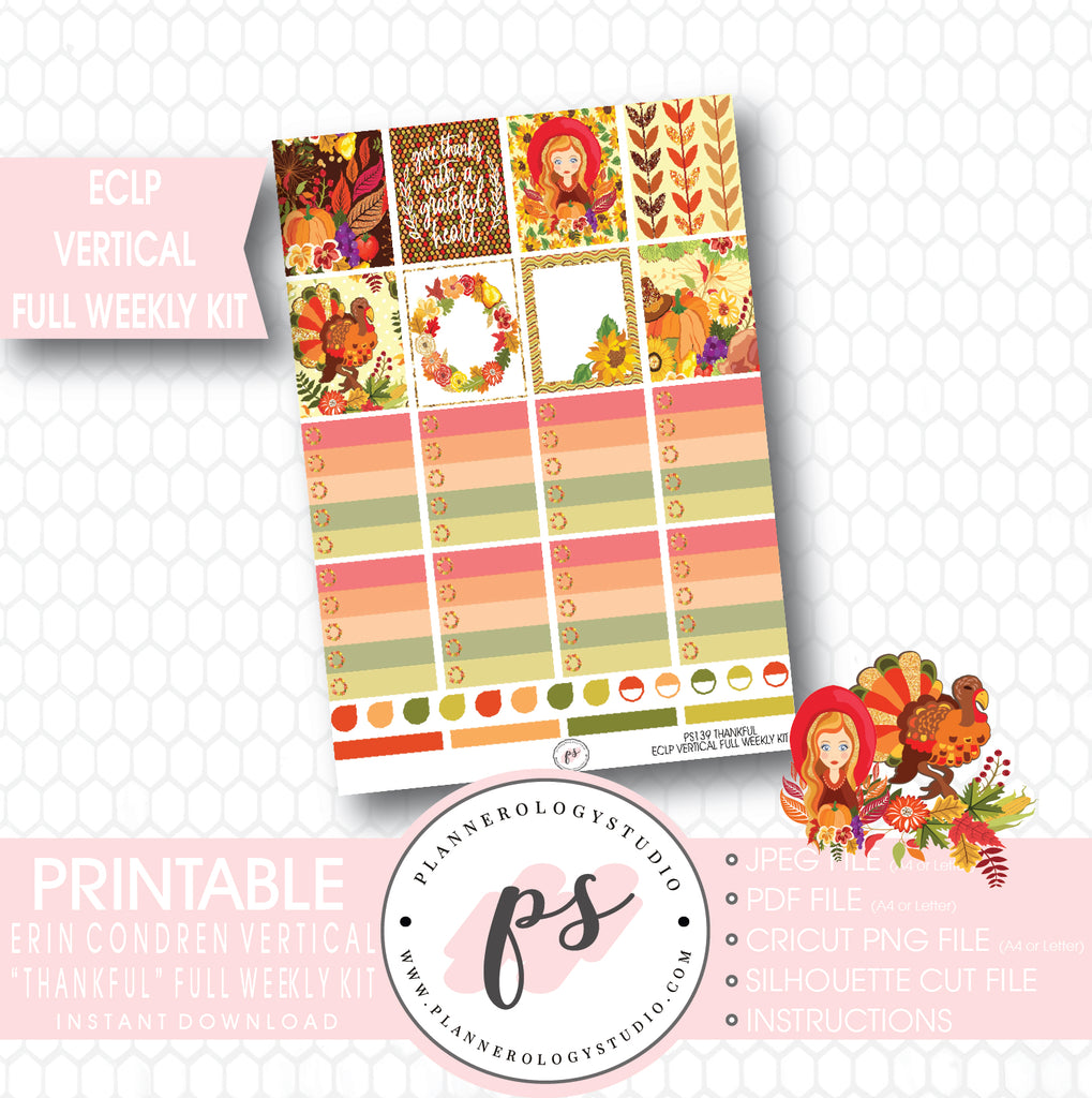 Thankful (Thanksgiving) Full Weekly Kit Printable Planner Stickers (for use with ECLP Vertical) - Plannerologystudio