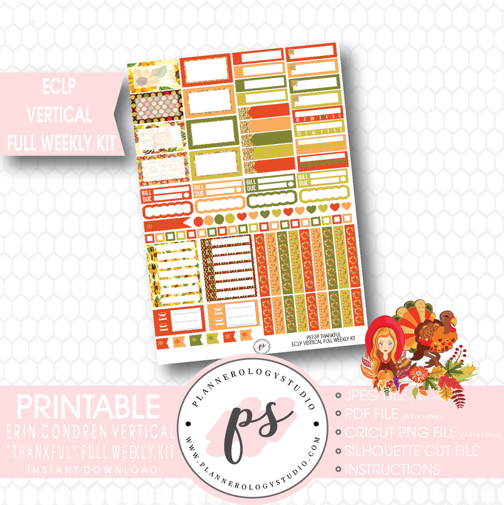 Thankful (Thanksgiving) Full Weekly Kit Printable Planner Stickers (for use with ECLP Vertical) - Plannerologystudio