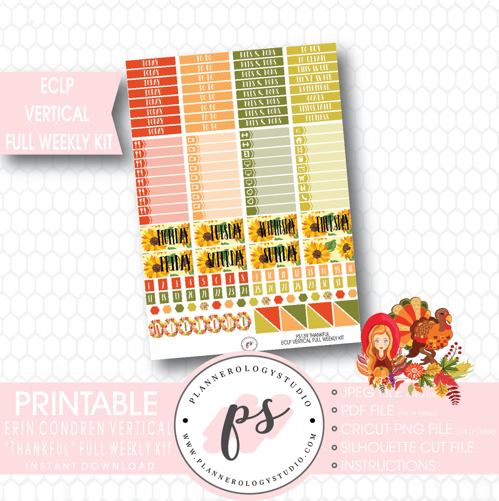 Thankful (Thanksgiving) Full Weekly Kit Printable Planner Stickers (for use with ECLP Vertical) - Plannerologystudio