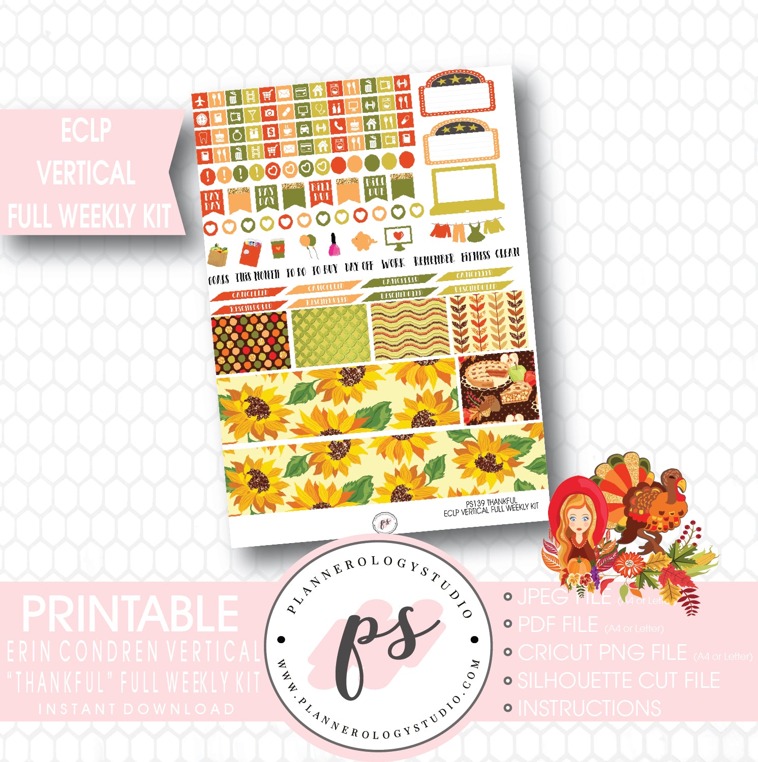 Thankful (Thanksgiving) Full Weekly Kit Printable Planner Stickers (for use with ECLP Vertical) - Plannerologystudio