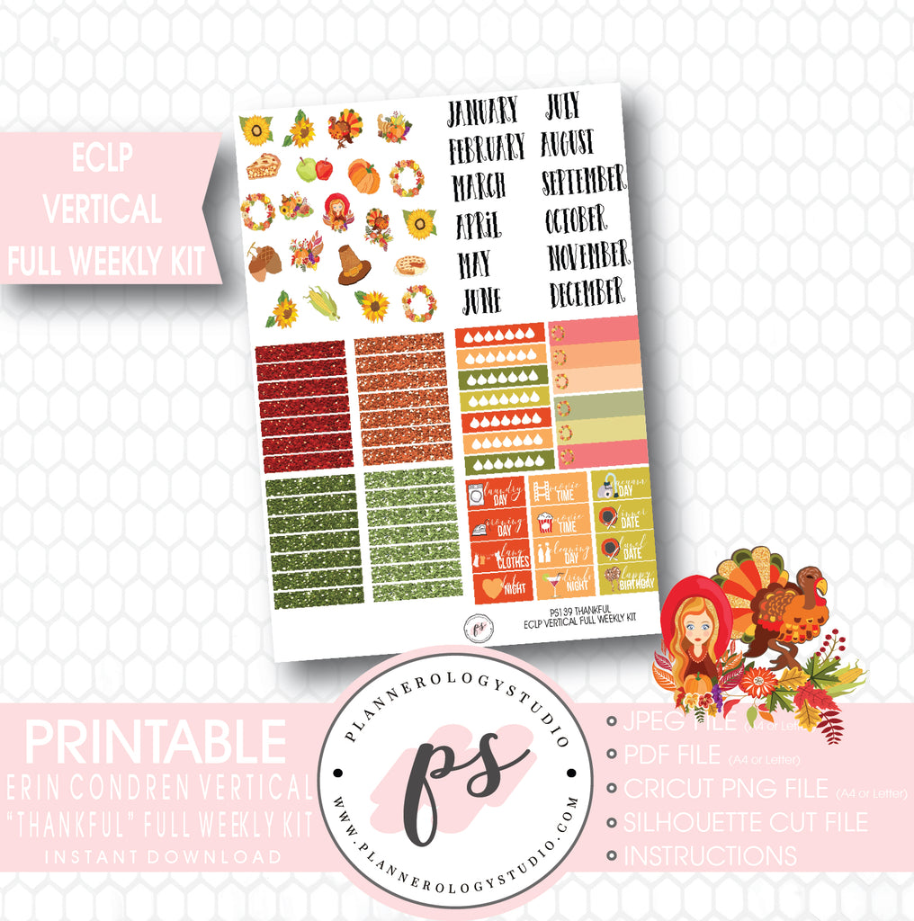 Thankful (Thanksgiving) Full Weekly Kit Printable Planner Stickers (for use with ECLP Vertical) - Plannerologystudio