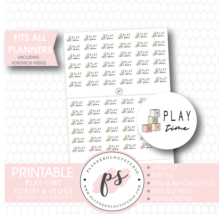 Play Time Bujo Script & Icon Digital Printable Planner Stickers