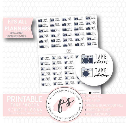 Take Photos Bujo Script & Icon Digital Printable Planner Stickers