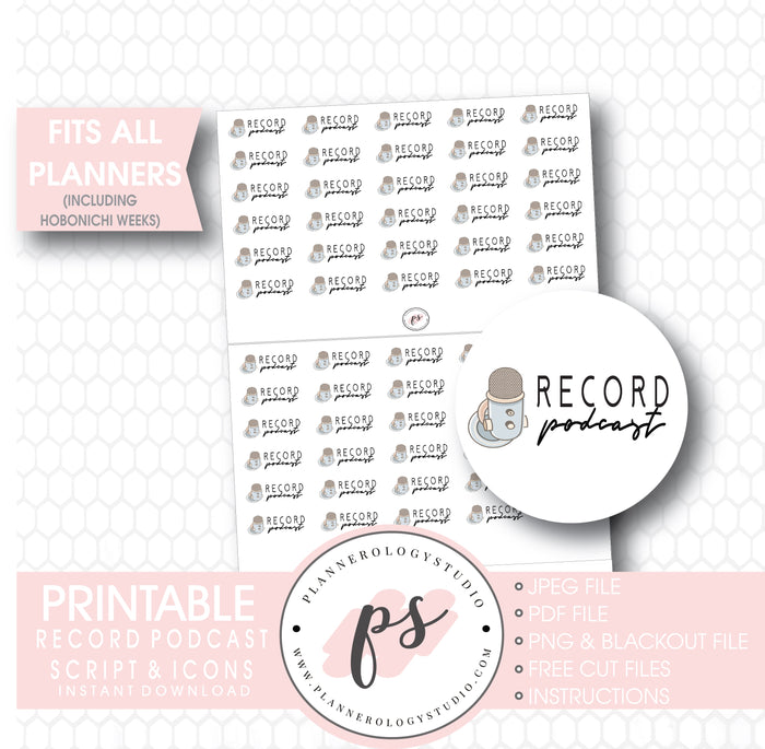 Record Podcast Bujo Script & Icon Digital Printable Planner Stickers