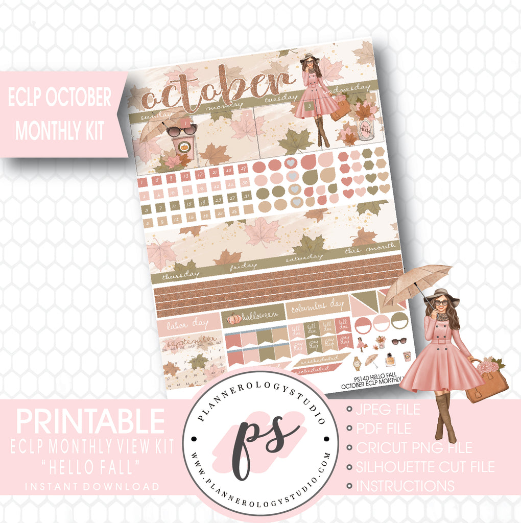 "Hello Fall" October 2017 Monthly View Kit Printable Planner Stickers (for use with ECLP) - Plannerologystudio