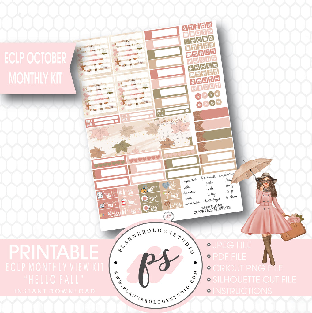 "Hello Fall" October 2017 Monthly View Kit Printable Planner Stickers (for use with ECLP) - Plannerologystudio