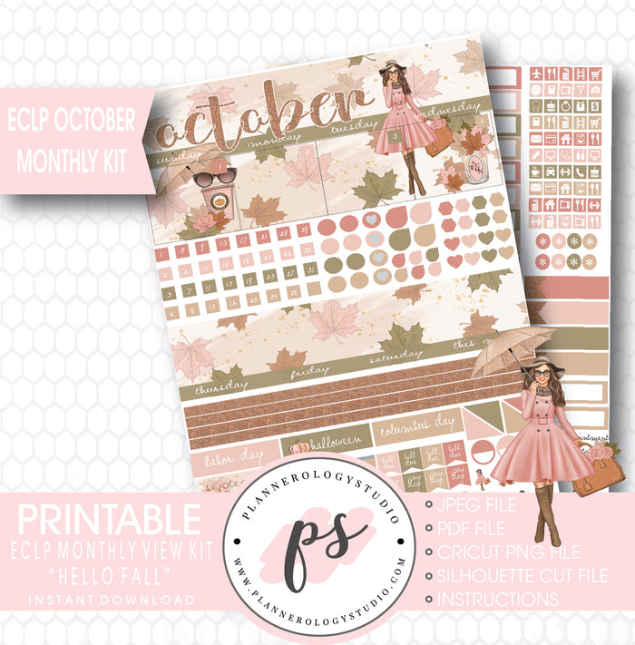 "Hello Fall" October 2017 Monthly View Kit Printable Planner Stickers (for use with ECLP) - Plannerologystudio