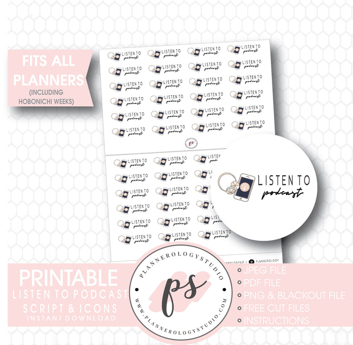 Listen to Podcast Bujo Script & Icon Digital Printable Planner Stickers