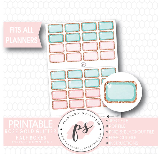 Rose Gold Glitter Watercolour Half-Box (Round Edge) Digital Printable Planner Stickers