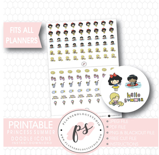 Disney Princess Inspired Summer Icons/Emoticons Digital Printable Planner Stickers