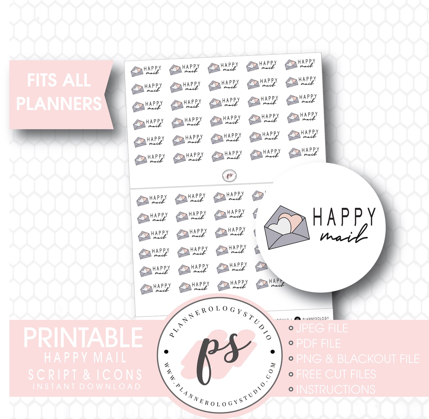 Happy Mail Bujo Script & Icon Digital Printable Planner Stickers