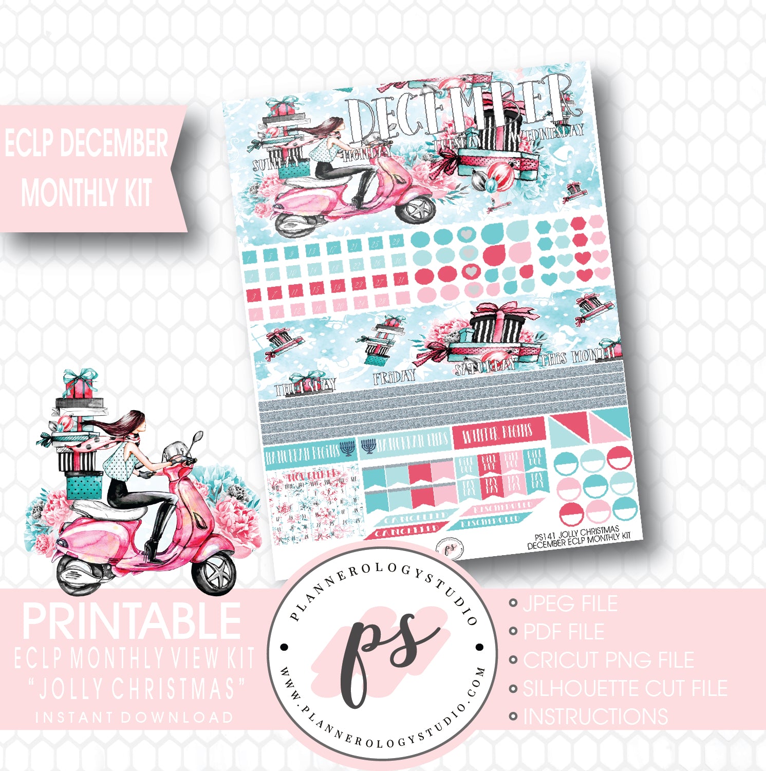 Jolly Christmas December 2017 Monthly View Kit Printable Planner Stickers (for use with Erin Condren) - Plannerologystudio