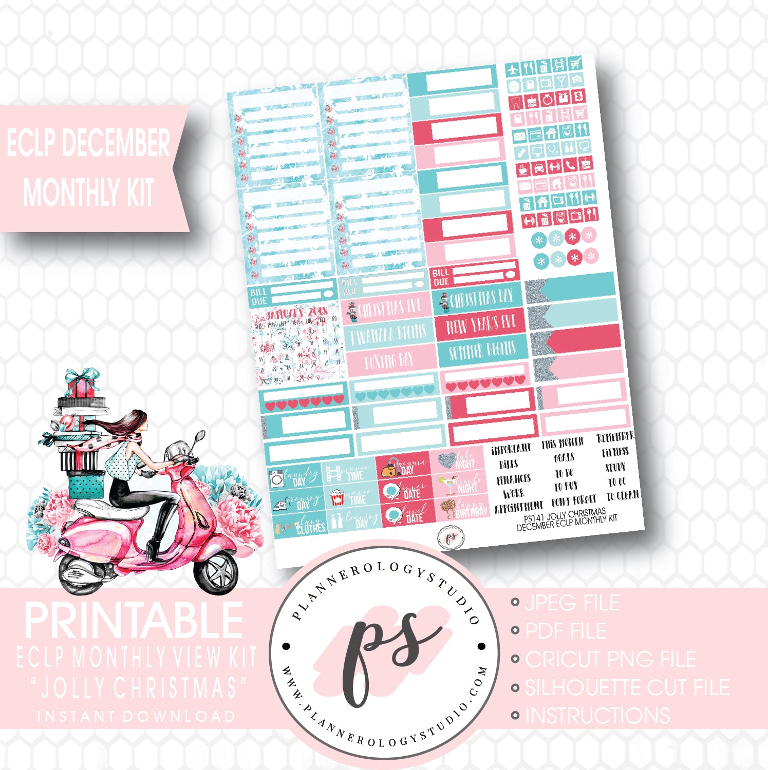 Jolly Christmas December 2017 Monthly View Kit Printable Planner Stickers (for use with Erin Condren) - Plannerologystudio