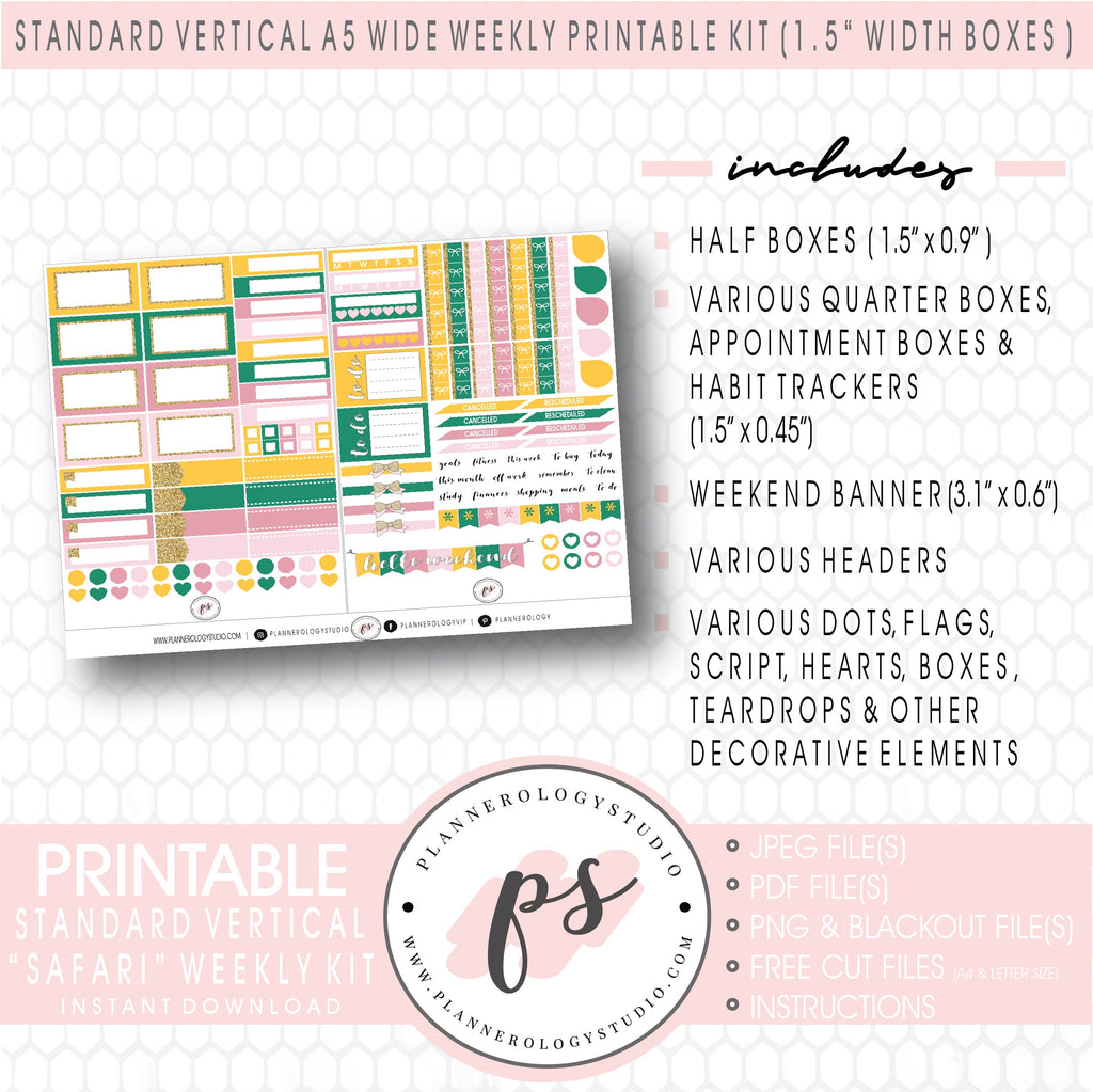Safari Weekly Digital Printable Planner Stickers Kit (for use with Standard Vertical A5 Wide Planners)