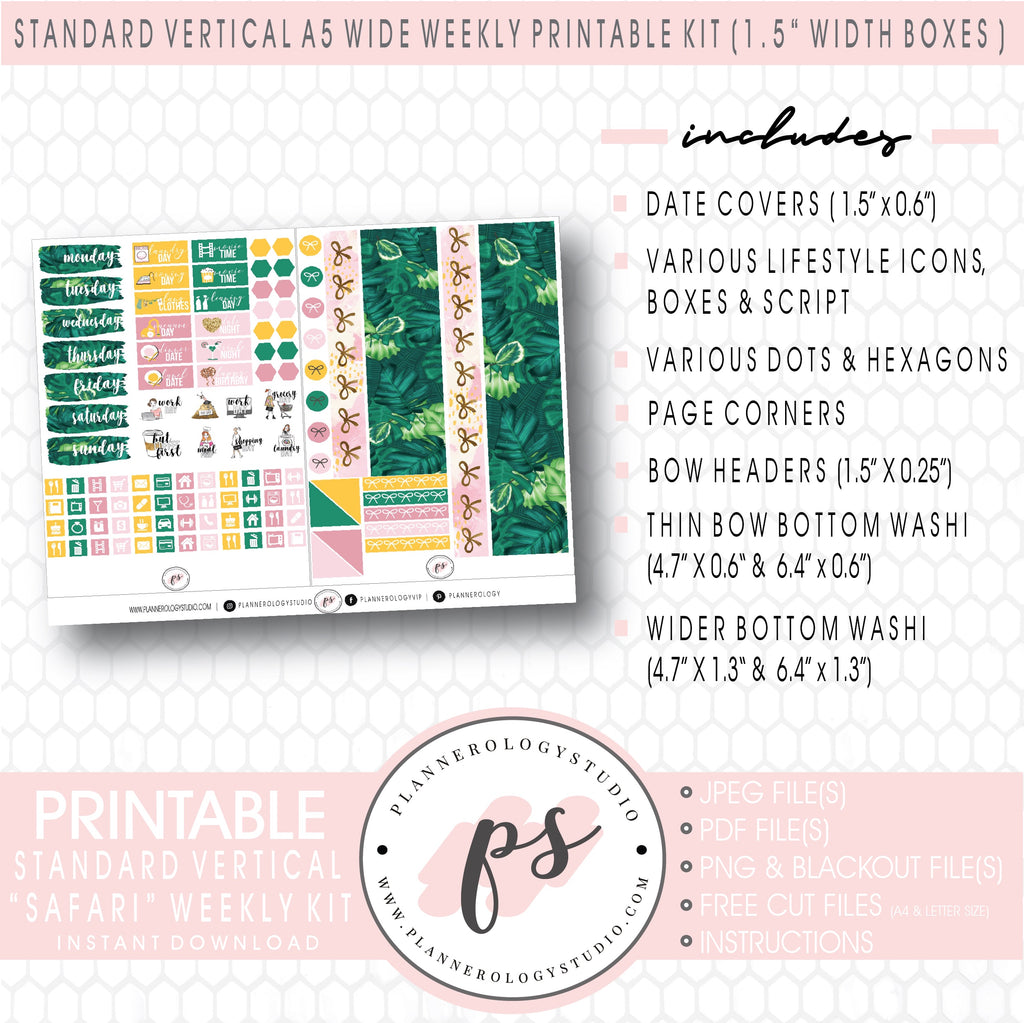 Safari Weekly Digital Printable Planner Stickers Kit (for use with Standard Vertical A5 Wide Planners)