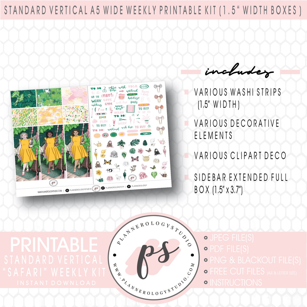 Safari Weekly Digital Printable Planner Stickers Kit (for use with Standard Vertical A5 Wide Planners)