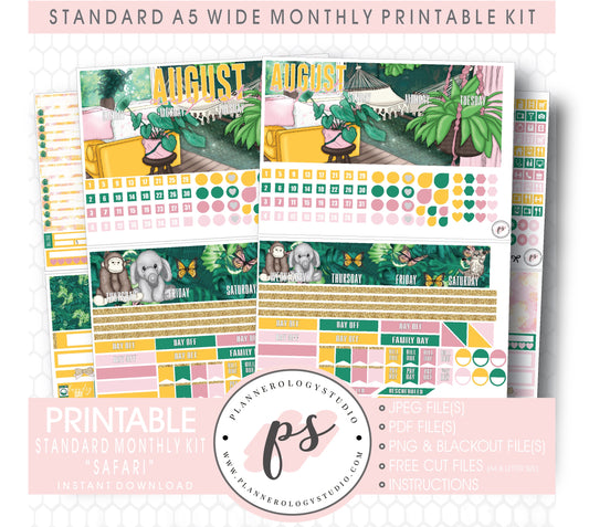 Safari August 2020 Monthly Kit Digital Printable Planner Stickers (for use with Standard A5 Wide Planners)