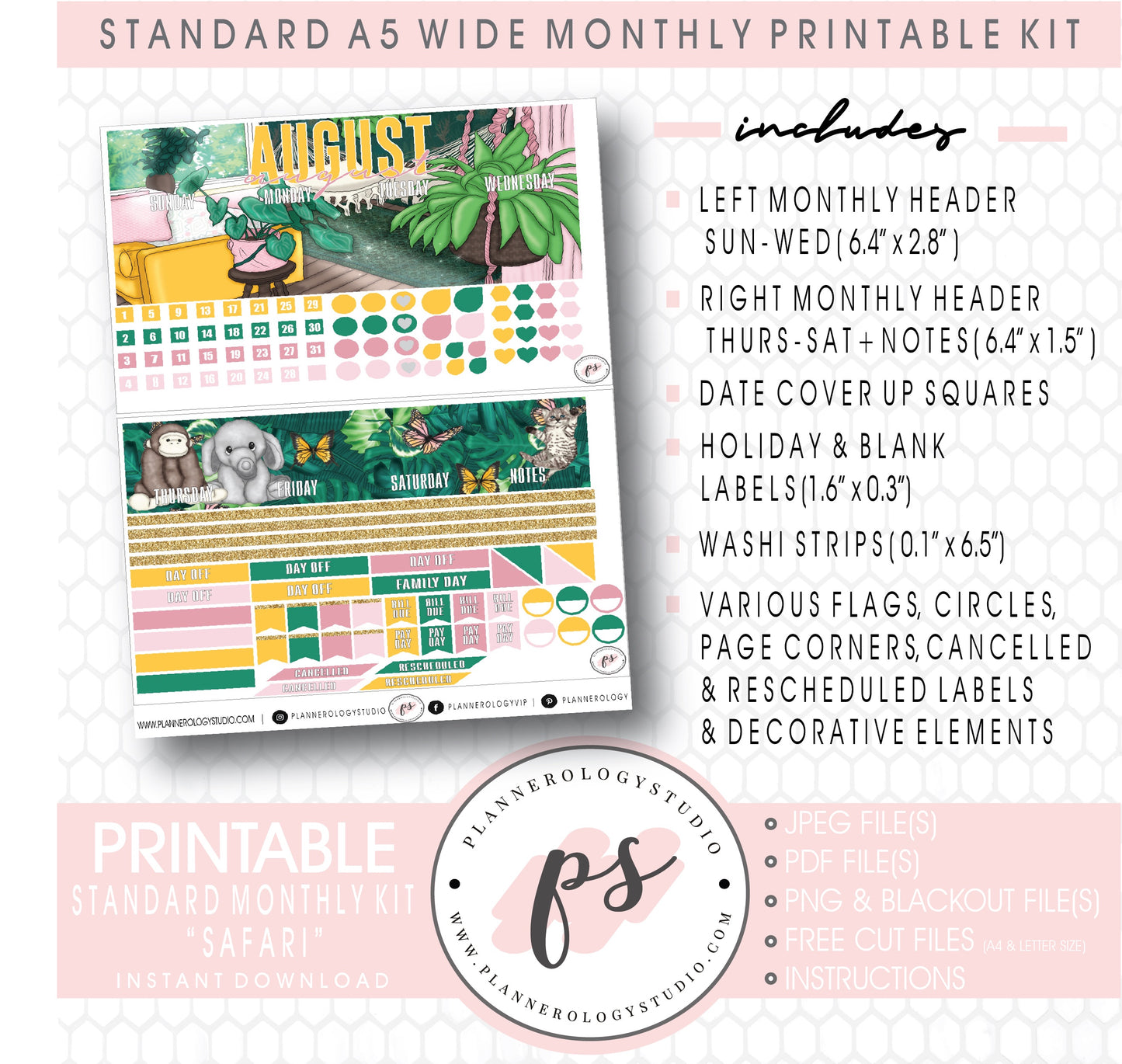 Safari August 2020 Monthly Kit Digital Printable Planner Stickers (for use with Standard A5 Wide Planners)