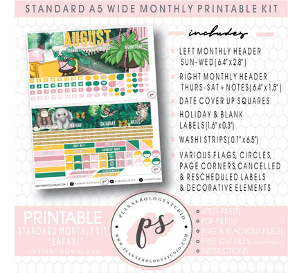 Safari August 2020 Monthly Kit Digital Printable Planner Stickers (for use with Standard A5 Wide Planners)