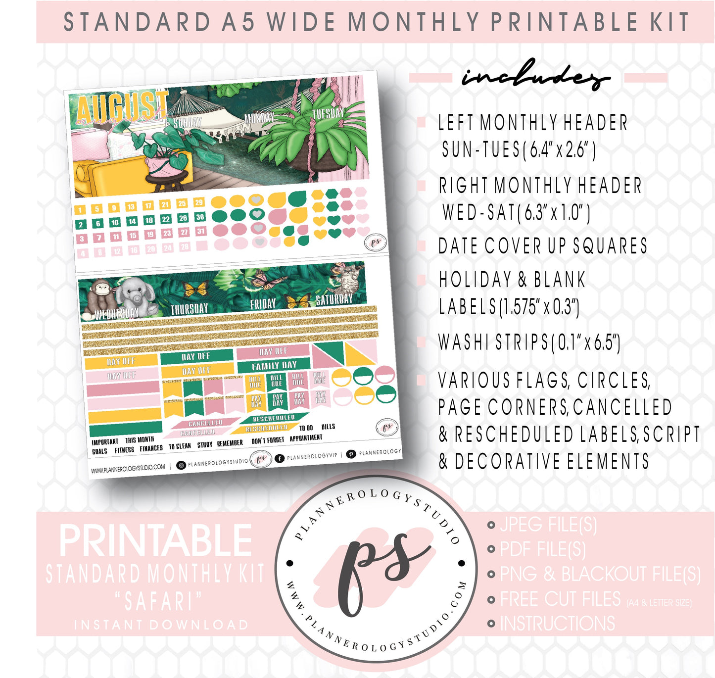 Safari August 2020 Monthly Kit Digital Printable Planner Stickers (for use with Standard A5 Wide Planners)