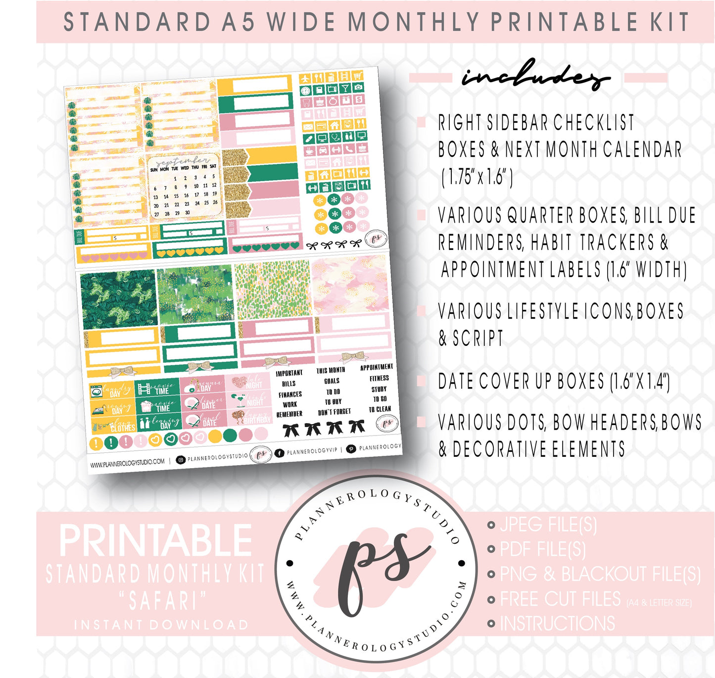 Safari August 2020 Monthly Kit Digital Printable Planner Stickers (for use with Standard A5 Wide Planners)