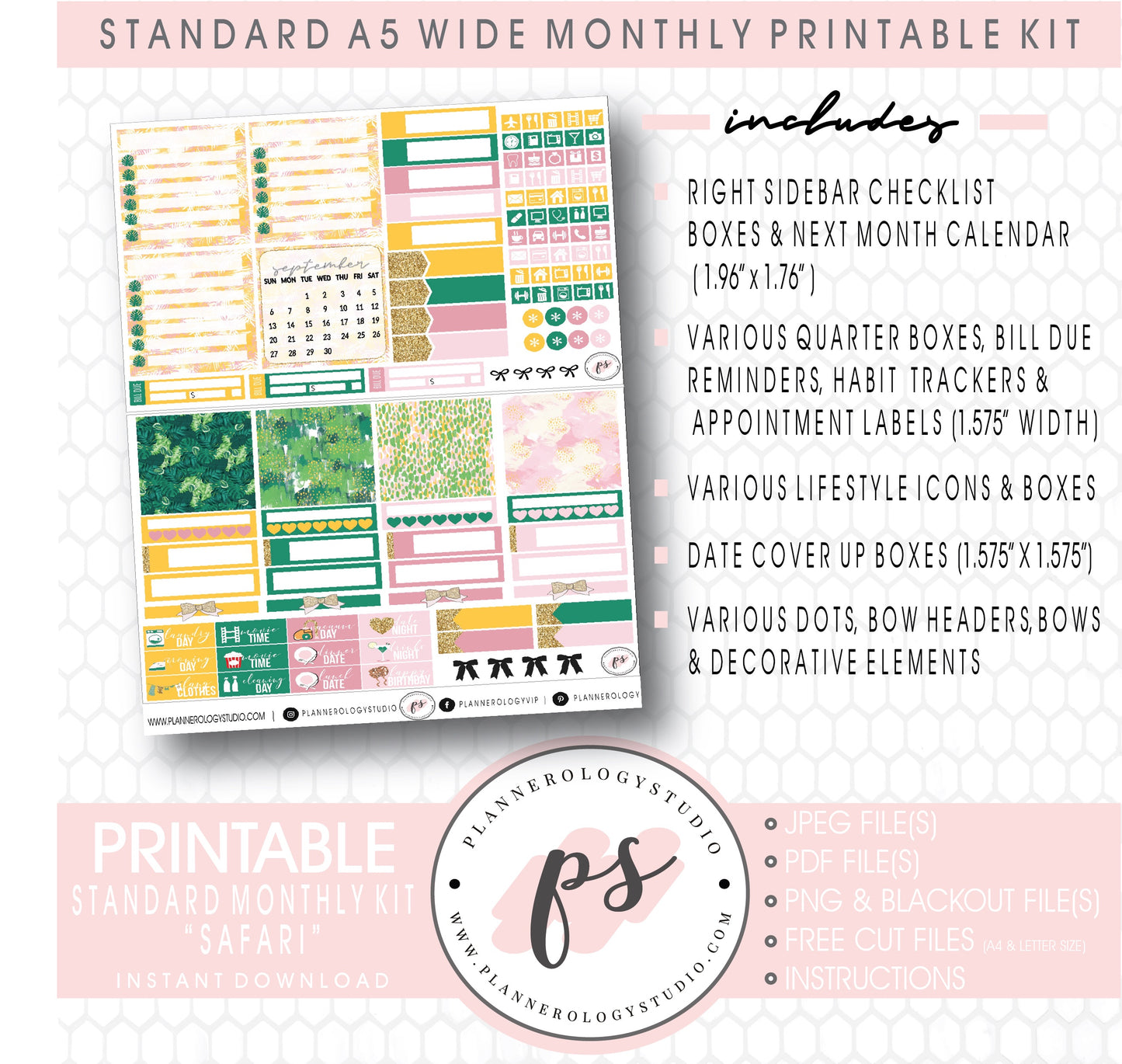 Safari August 2020 Monthly Kit Digital Printable Planner Stickers (for use with Standard A5 Wide Planners)