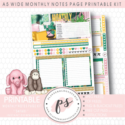 Safari Monthly Notes Page Kit Digital Printable Planner Stickers (for use with Standard A5 Wide Planners)