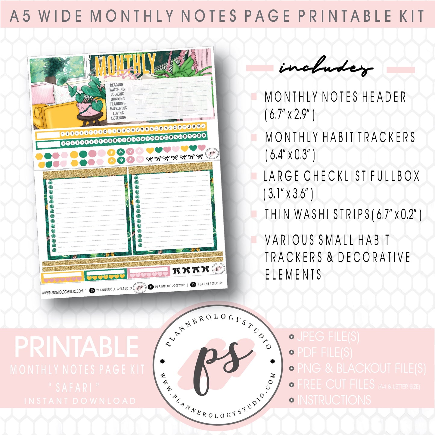 Safari Monthly Notes Page Kit Digital Printable Planner Stickers (for use with Standard A5 Wide Planners)