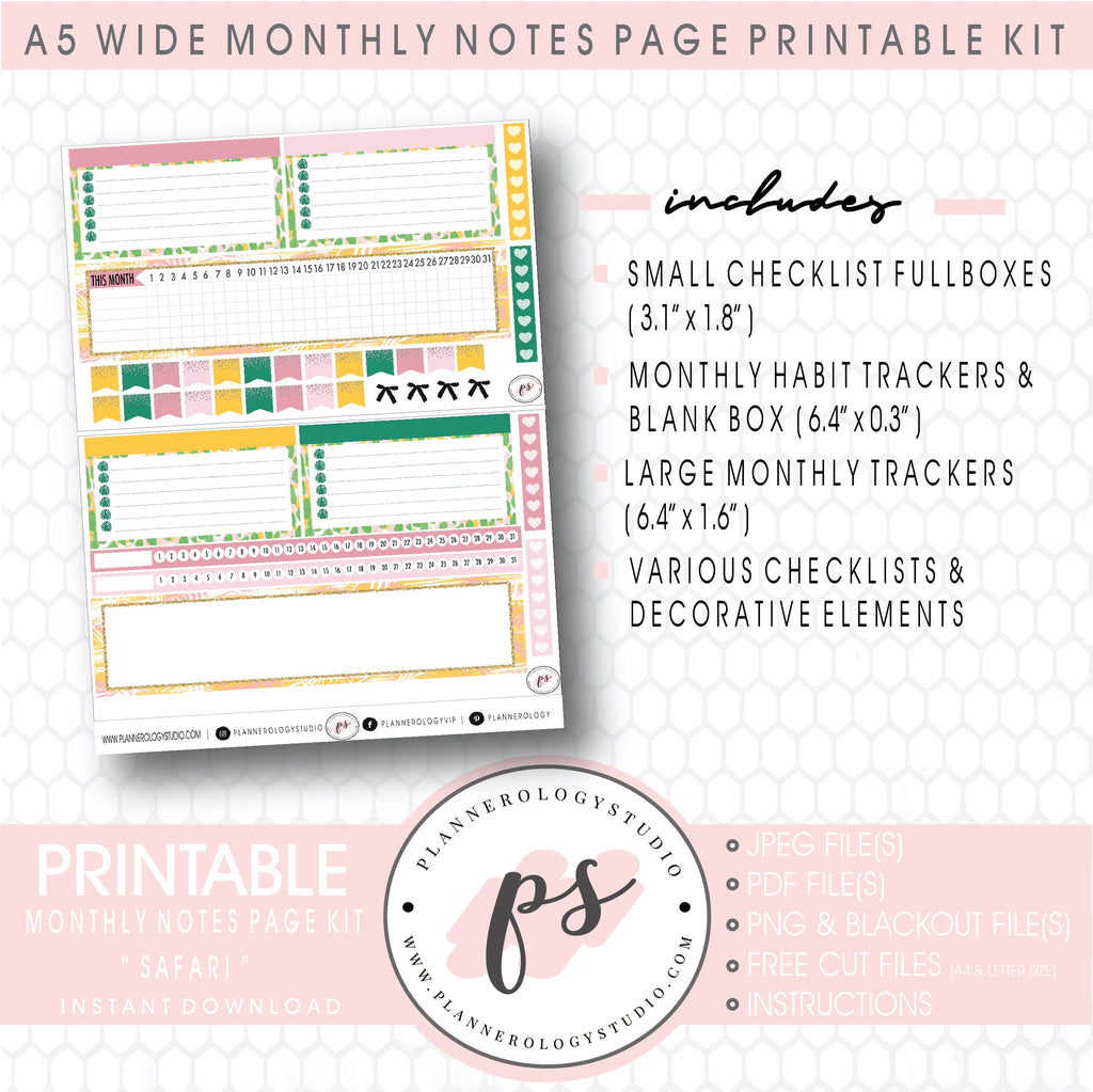 Safari Monthly Notes Page Kit Digital Printable Planner Stickers (for use with Standard A5 Wide Planners)