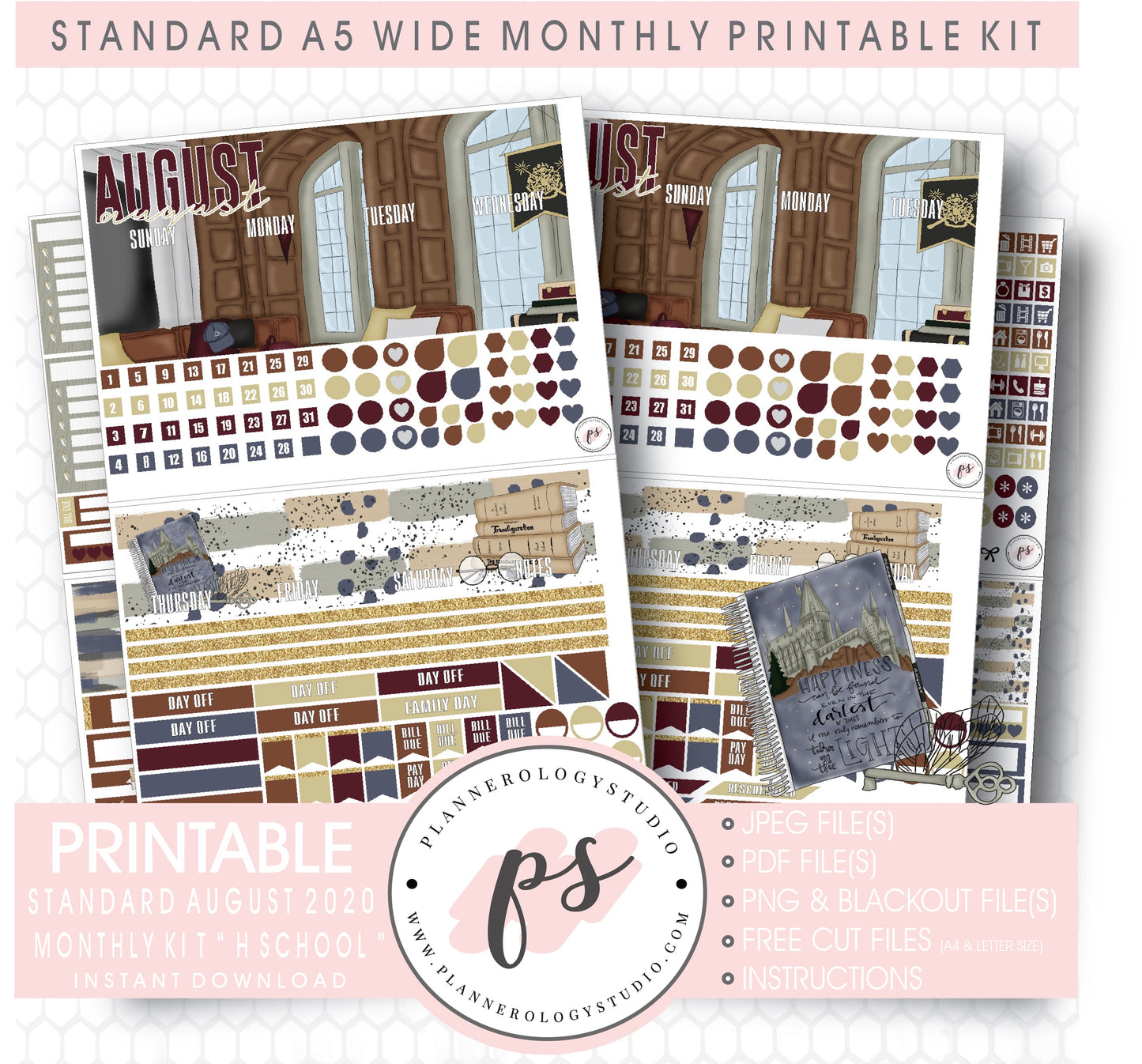 H School (Harry Potter Inspired) August 2020 Monthly Kit Digital Printable Planner Stickers (for use with Standard A5 Wide Planners)