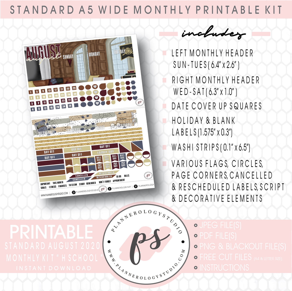 H School (Harry Potter Inspired) August 2020 Monthly Kit Digital Printable Planner Stickers (for use with Standard A5 Wide Planners)
