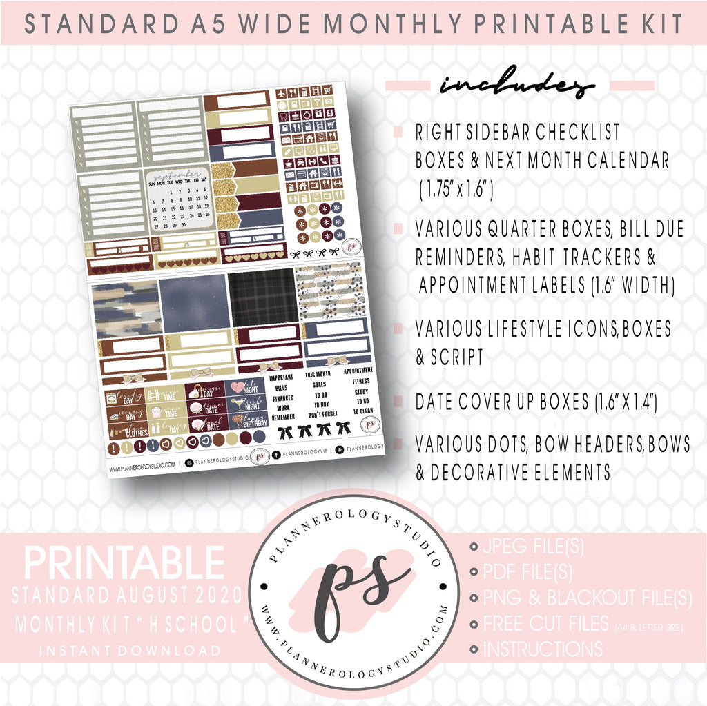 H School (Harry Potter Inspired) August 2020 Monthly Kit Digital Printable Planner Stickers (for use with Standard A5 Wide Planners)