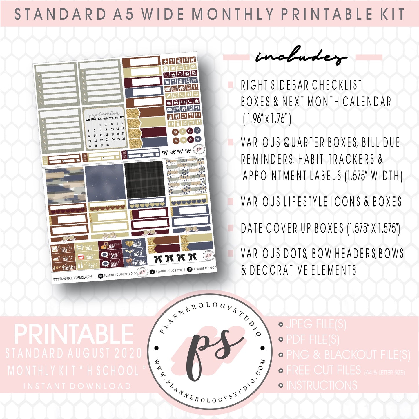 H School (Harry Potter Inspired) August 2020 Monthly Kit Digital Printable Planner Stickers (for use with Standard A5 Wide Planners)