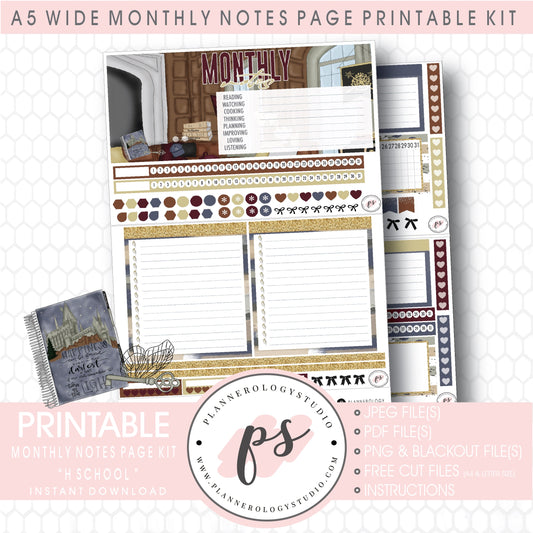 H School Monthly Notes Page Kit Digital Printable Planner Stickers (for use with Standard A5 Wide Planners)