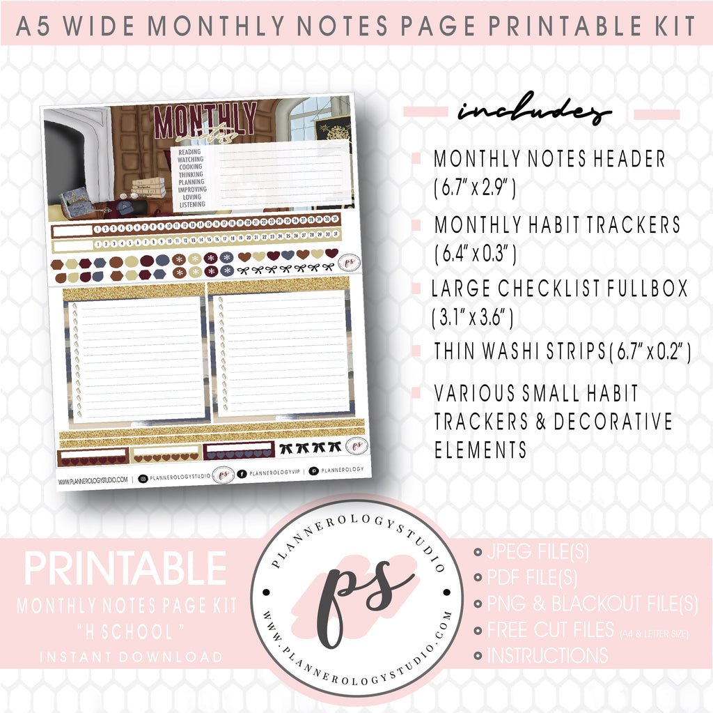 H School Monthly Notes Page Kit Digital Printable Planner Stickers (for use with Standard A5 Wide Planners)