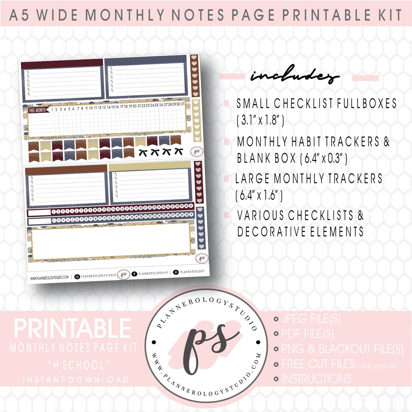 H School Monthly Notes Page Kit Digital Printable Planner Stickers (for use with Standard A5 Wide Planners)