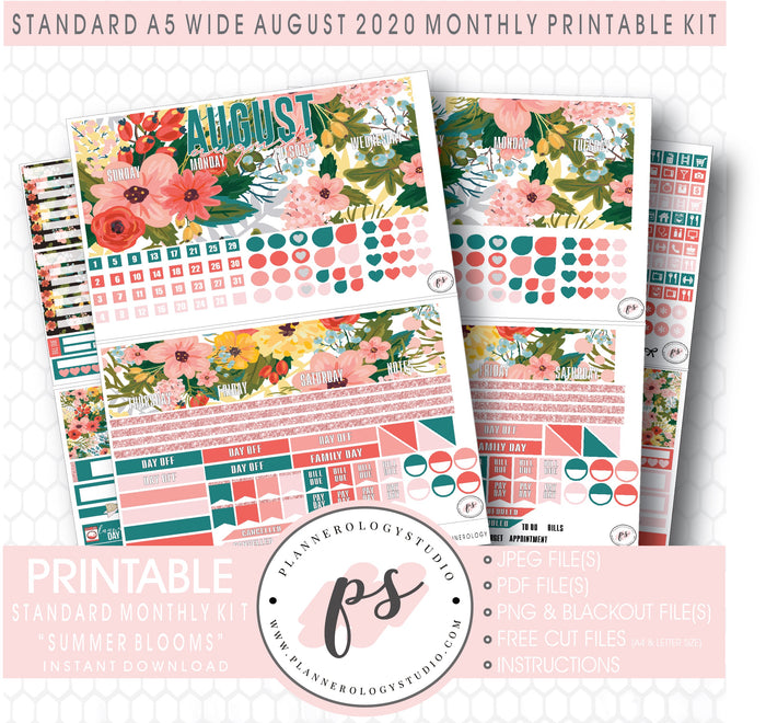 Summer Blooms August 2020 Monthly Kit Digital Printable Planner Stickers (for use with Standard A5 Wide Planners)